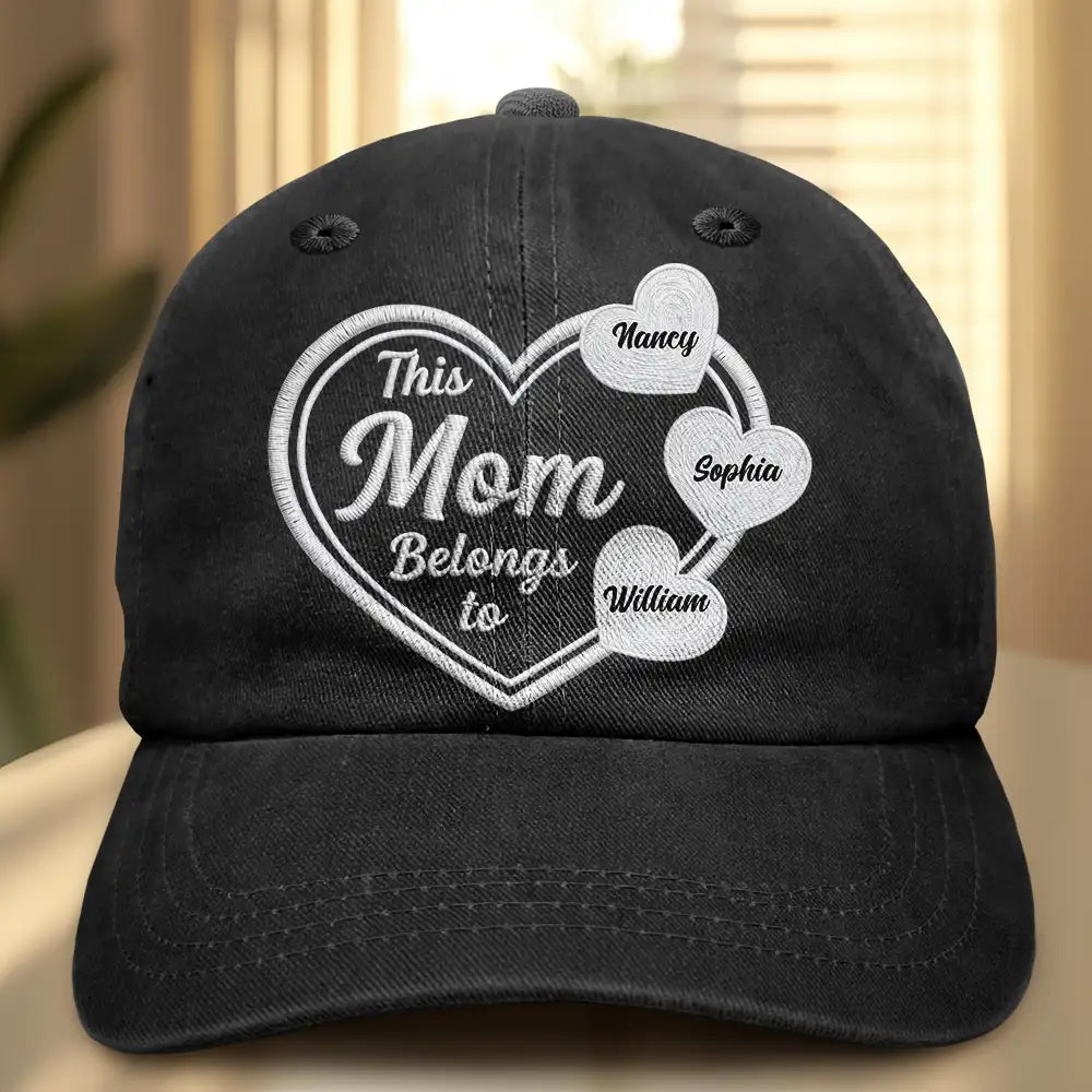 Gift For Mother,Mom - Children,Gift For Grandma,Happy - This Mom Belongs To 3D Embroidery Effect - Personalized Vintage Washed Denim Cap