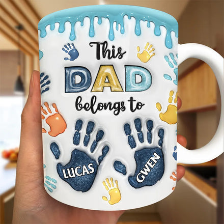 This Dad Grandpa Belongs To Handprints Icon - 3D Inflated Effect Printed, Personalized White Edge-to-Edge Mug