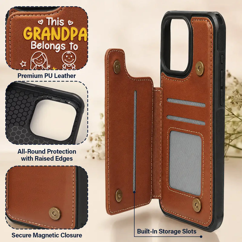 Gift For Grandpa, Gift For Grandma, Gift For Grandparents, Gift For Mother, Gift For Father, Happy, Stick Figure - This Grandma Grandpa Belongs To Kids Pet - Personalized Leather Flip Wallet Phone Case