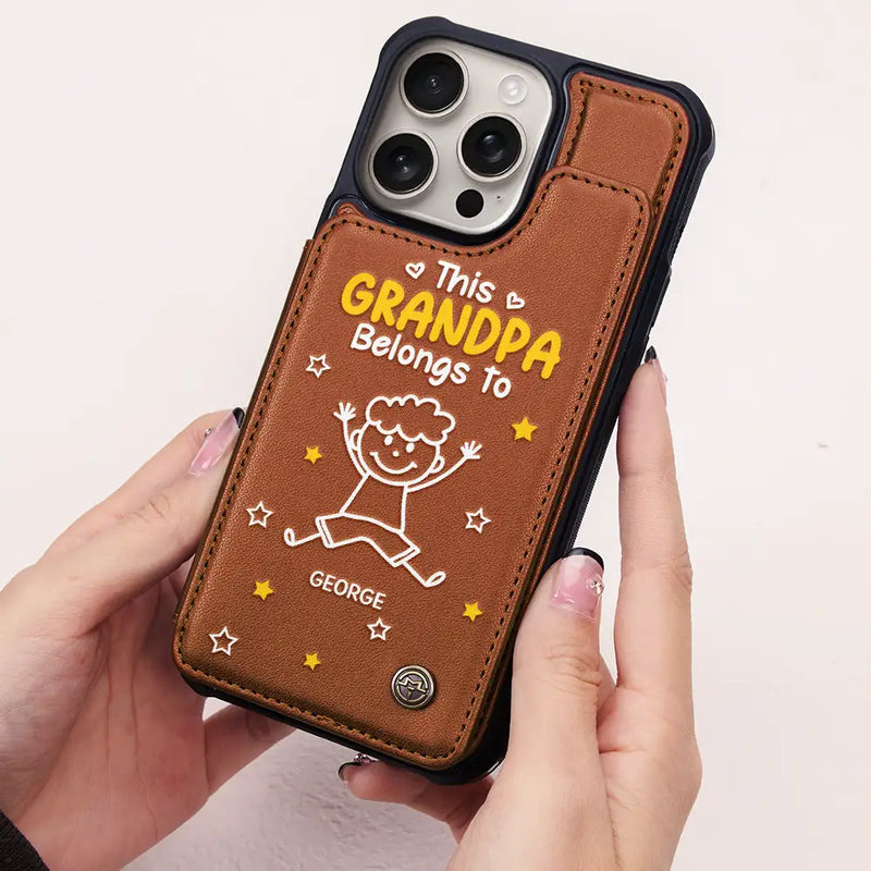 Gift For Grandpa, Gift For Grandma, Gift For Grandparents, Gift For Mother, Gift For Father, Happy, Stick Figure - This Grandma Grandpa Belongs To Kids Pet - Personalized Leather Flip Wallet Phone Case
