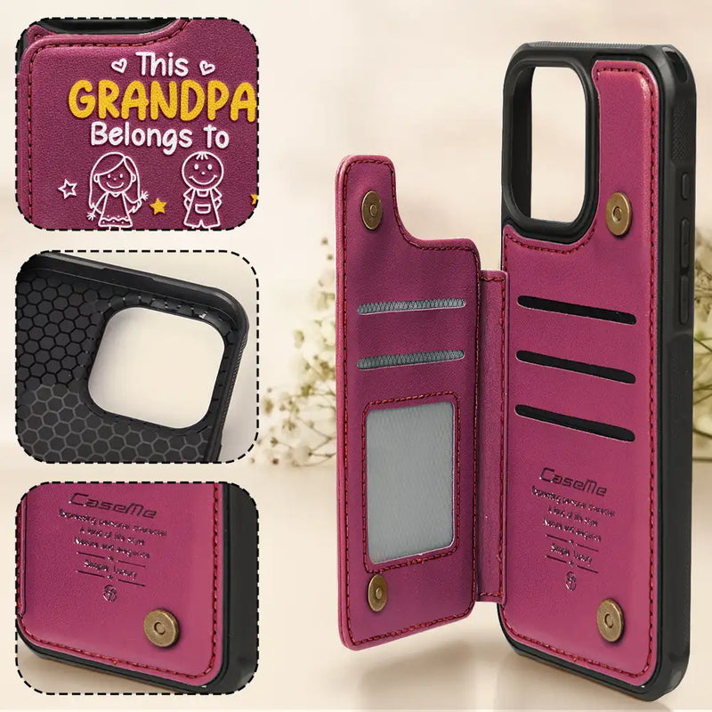 Gift For Grandpa, Gift For Grandma, Gift For Grandparents, Gift For Mother, Gift For Father, Happy, Stick Figure - This Grandma Grandpa Belongs To Kids Pet - Personalized Leather Flip Wallet Phone Case