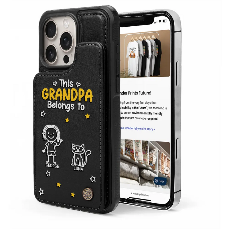 Gift For Grandpa, Gift For Grandma, Gift For Grandparents, Gift For Mother, Gift For Father, Happy, Stick Figure - This Grandma Grandpa Belongs To Kids Pet - Personalized Leather Flip Wallet Phone Case