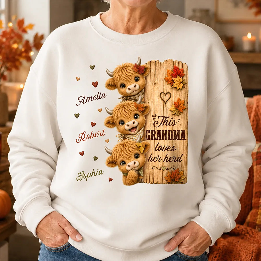Top Market, Gift For Grandchildren, Gift For Grandkids, Gift For Grandma, Cozy, Grandma - Grandkids, Icon - This Grandma Loves Her Herd Highland Cow Fall - Personalized T Shirt