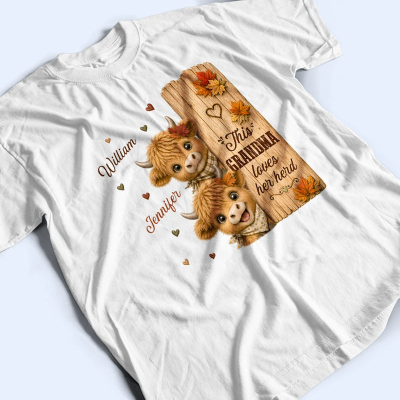 Top Market, Gift For Grandchildren, Gift For Grandkids, Gift For Grandma, Cozy, Grandma - Grandkids, Icon - This Grandma Loves Her Herd Highland Cow Fall - Personalized T Shirt