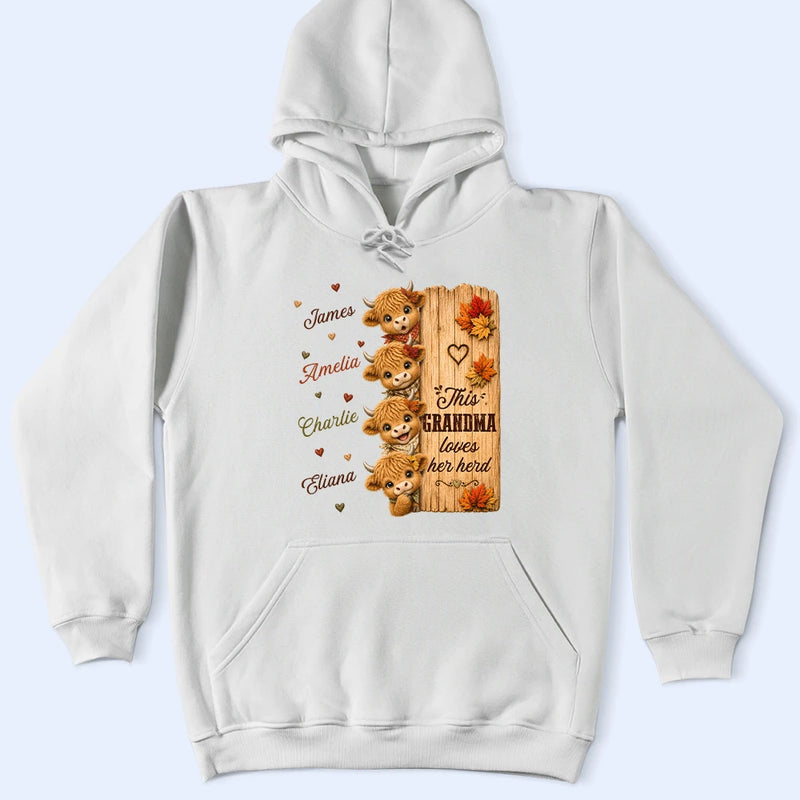 Top Market, Gift For Grandchildren, Gift For Grandkids, Gift For Grandma, Cozy, Grandma - Grandkids, Icon - This Grandma Loves Her Herd Highland Cow Fall - Personalized T Shirt