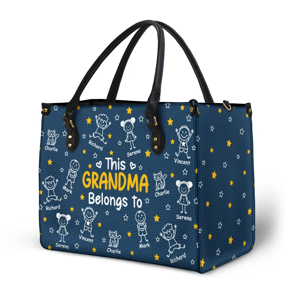Gift For Grandma,Gift For Mother,Happy,Gift For Women,Stick Figure - This Grandma Mom Belongs To Kids Pet - Personalized Leather Bag