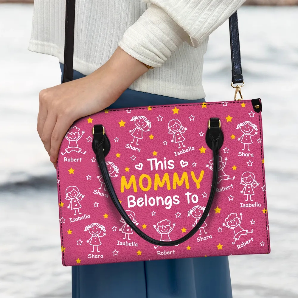Gift For Grandma,Gift For Mother,Happy,Gift For Women,Stick Figure - This Grandma Mom Belongs To Kids Pet - Personalized Leather Bag