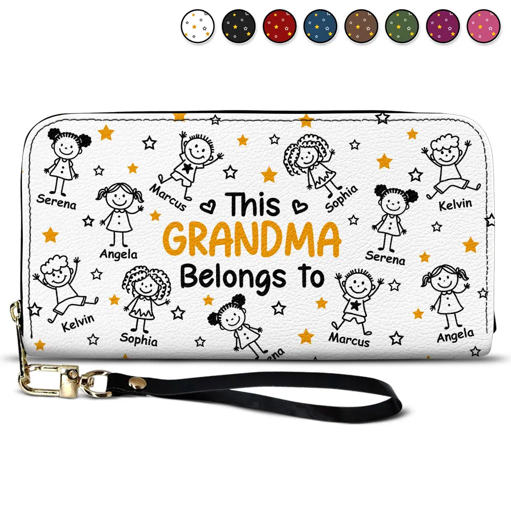 Gift For Grandma,Gift For Mother,Happy,Gift For Women,Stick Figure - This Grandma Mom Belongs To Kids Pet - Personalized Leather Long Wallet