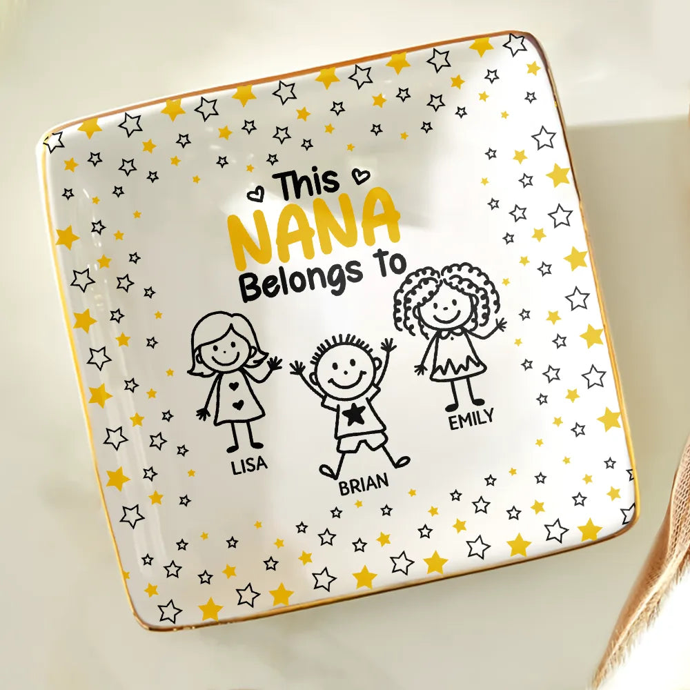 Gift For Grandma, Gift For Mother, Happy, Stick Figure - This Grandma Mom Belongs To Kids Pet - Personalized Ring Dish