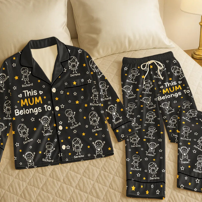 Gift For Grandparents,Gift For Grandpa,Gift For Grandma,Gift For Mother,Gift For Father,Happy,Christmas,Stick Figure - This Grandma Mom Belongs To Kids Pet - Personalized Satin Pajama Set