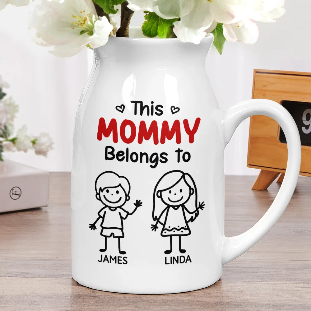 Gift For Grandma,Gift For Mother,Happy,Stick Figure - This Grandma Mommy Belongs To Kids Pet - Personalized Ceramic Flower Vase