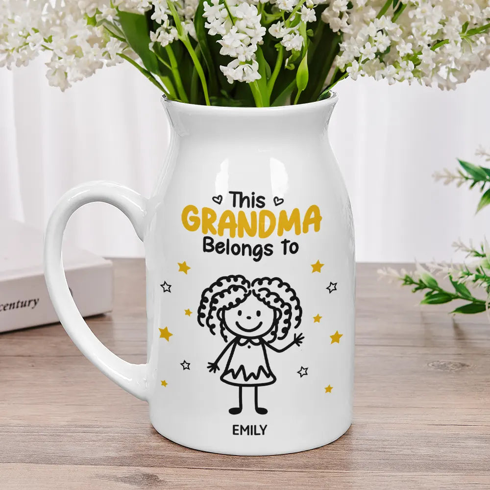 Gift For Grandma,Gift For Mother,Happy,Stick Figure - This Grandma Mommy Belongs To Kids Pet - Personalized Ceramic Flower Vase