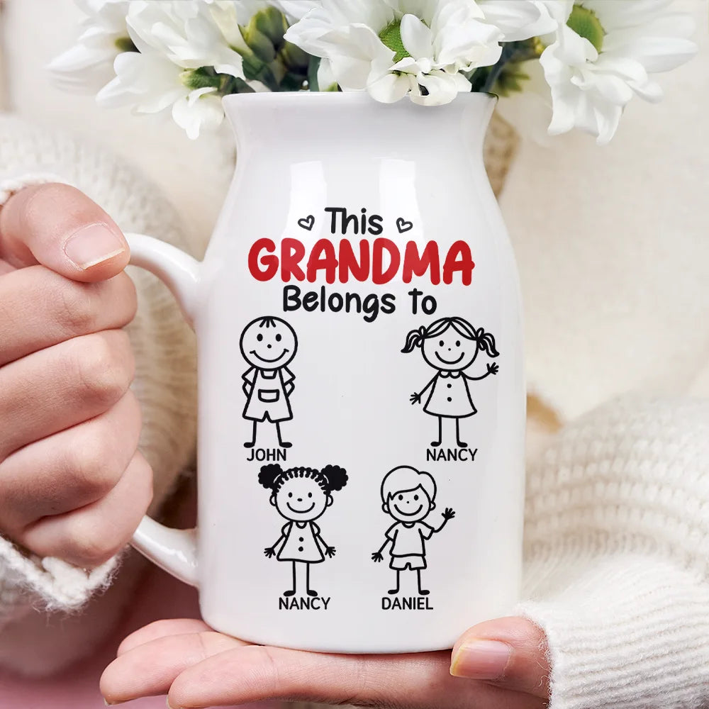 Gift For Grandma,Gift For Mother,Happy,Stick Figure - This Grandma Mommy Belongs To Kids Pet - Personalized Ceramic Flower Vase