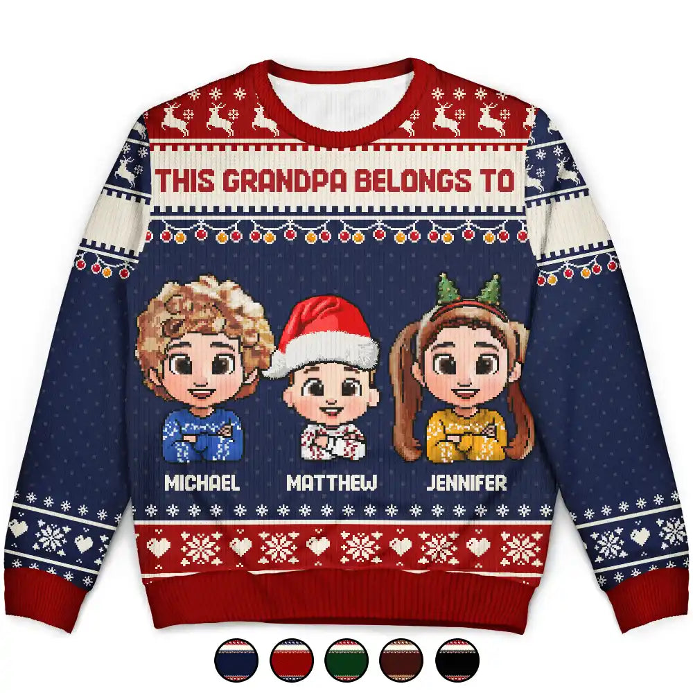 This Grandpa Belongs To Grandkids Pixel Art - Personalized Unisex Ugly Sweater