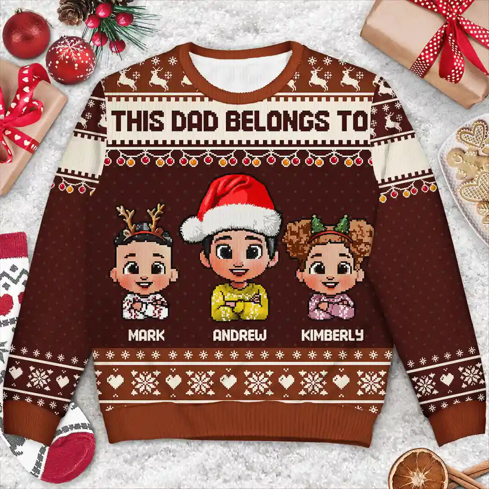 Gift For Grandpa,Funny,Christmas - This Grandpa Belongs To Grandkids Pixel Art - Personalized Unisex Ugly Sweater