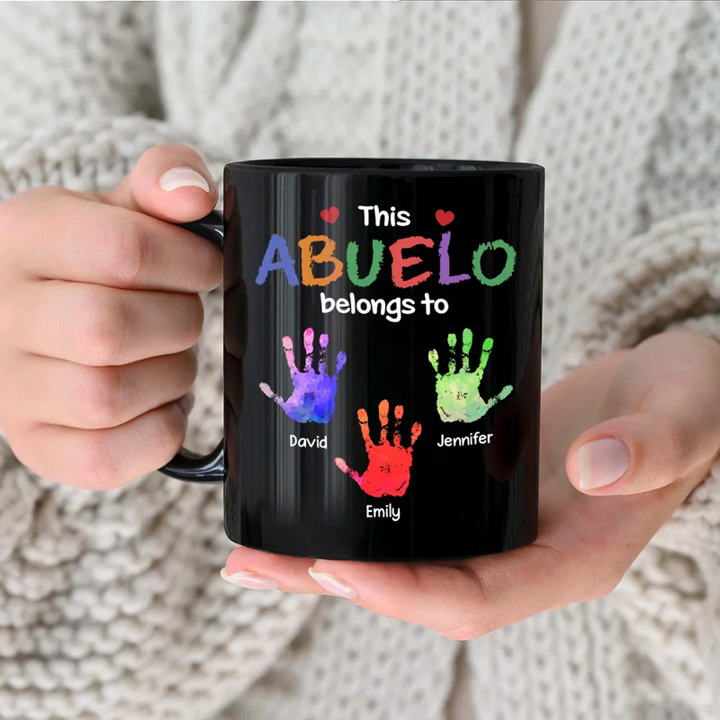 Gift For Grandpa, Gift For Father, Grandpa - Grandkids, Happy - This Grandpa Belongs To Hand Prints Doodle - Personalized Black Mug