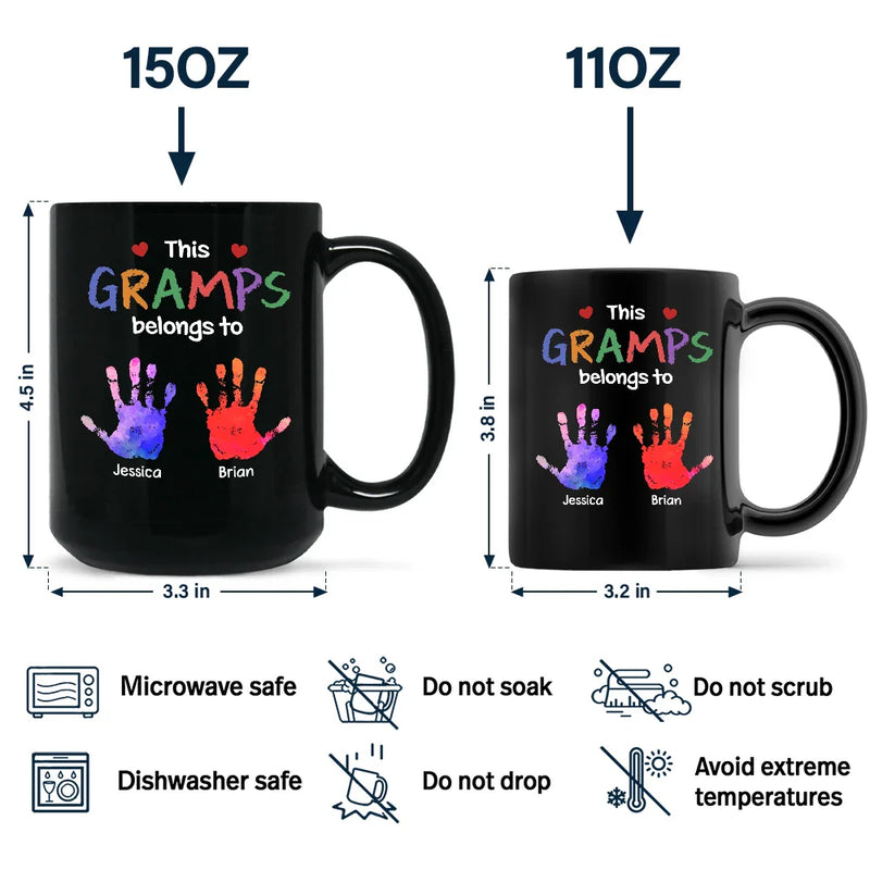 Gift For Grandpa, Gift For Father, Grandpa - Grandkids, Happy - This Grandpa Belongs To Hand Prints Doodle - Personalized Black Mug