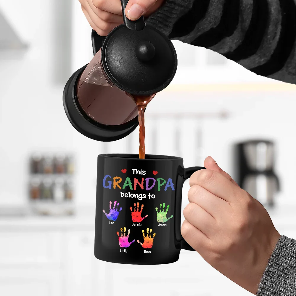 Gift For Grandpa, Gift For Father, Grandpa - Grandkids, Happy - This Grandpa Belongs To Hand Prints Doodle - Personalized Black Mug