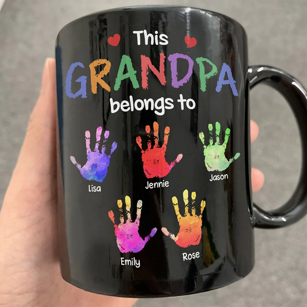 Gift For Grandpa, Gift For Father, Grandpa - Grandkids, Happy - This Grandpa Belongs To Hand Prints Doodle - Personalized Black Mug