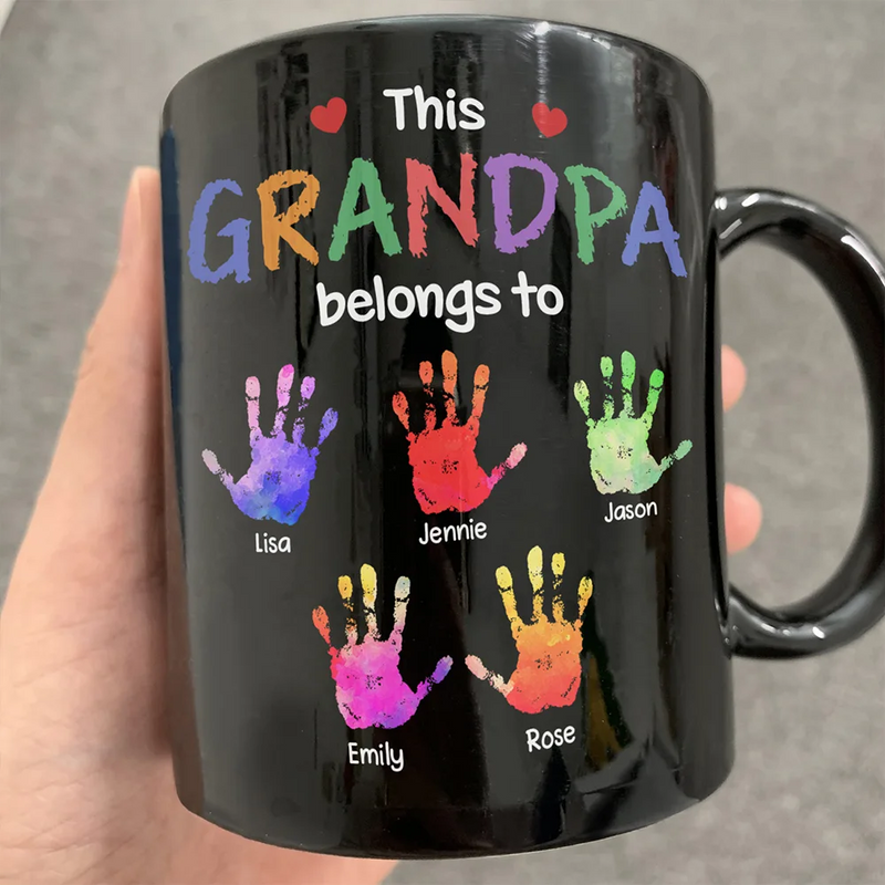 Gift For Grandpa, Gift For Father, Grandpa - Grandkids, Happy - This Grandpa Belongs To Hand Prints Doodle - Personalized Black Mug