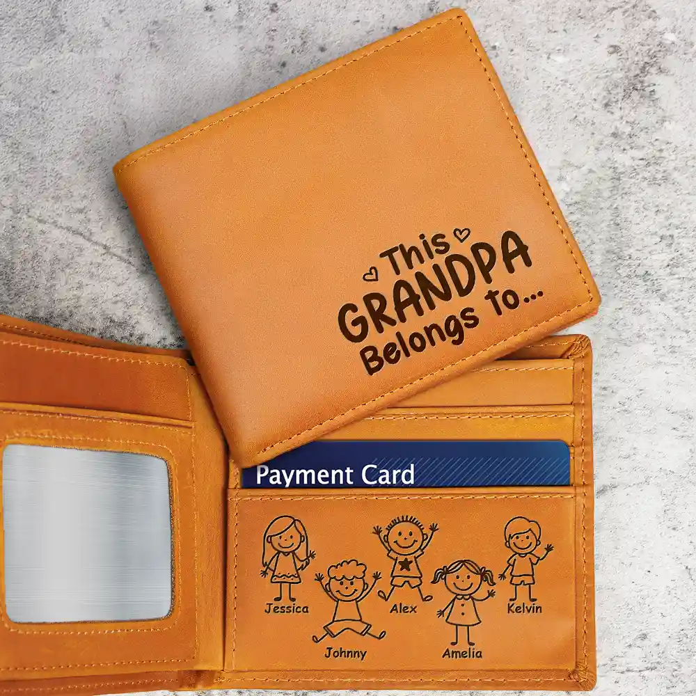Gift For Grandpa, Gift For Father, Happy, ift For Men, Stick Figure - This Grandpa Dad Belongs To Kids Pet - Personalized Engraved Leather Wallet