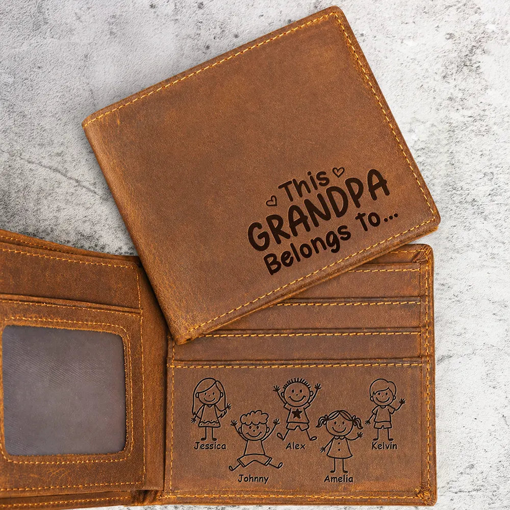 Gift For Grandpa, Gift For Father, Happy, ift For Men, Stick Figure - This Grandpa Dad Belongs To Kids Pet - Personalized Engraved Leather Wallet