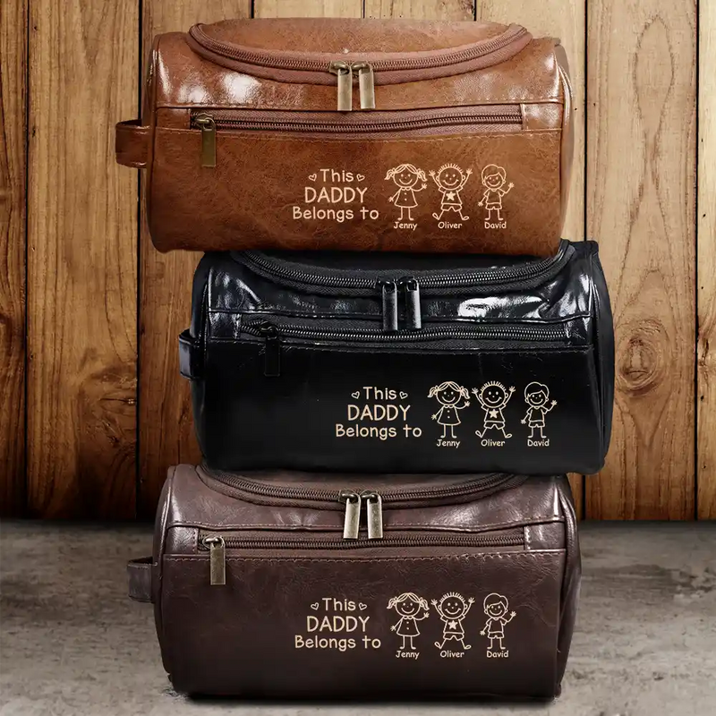 Gift For Grandpa,Gift For Father,Happy,Gift For Men,Stick Figure - This Grandpa Dad Belongs To Kids Pet - Personalized Leather Toiletry Bag
