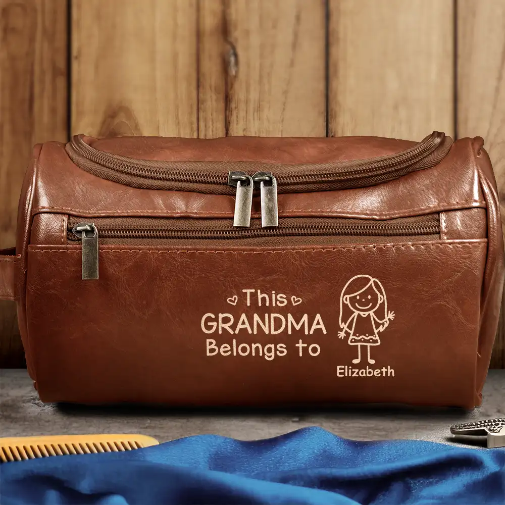 Gift For Grandpa,Gift For Father,Happy,Gift For Men,Stick Figure - This Grandpa Dad Belongs To Kids Pet - Personalized Leather Toiletry Bag