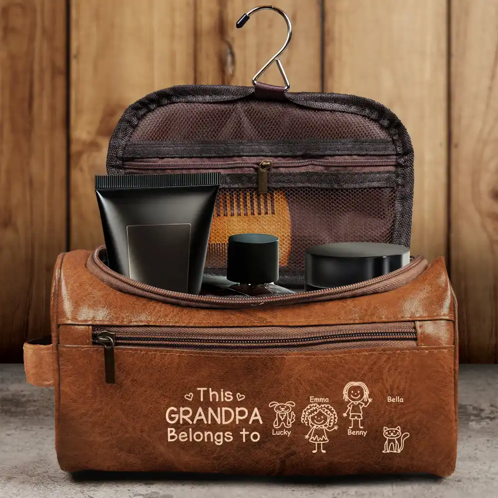 Gift For Grandpa,Gift For Father,Happy,Gift For Men,Stick Figure - This Grandpa Dad Belongs To Kids Pet - Personalized Leather Toiletry Bag