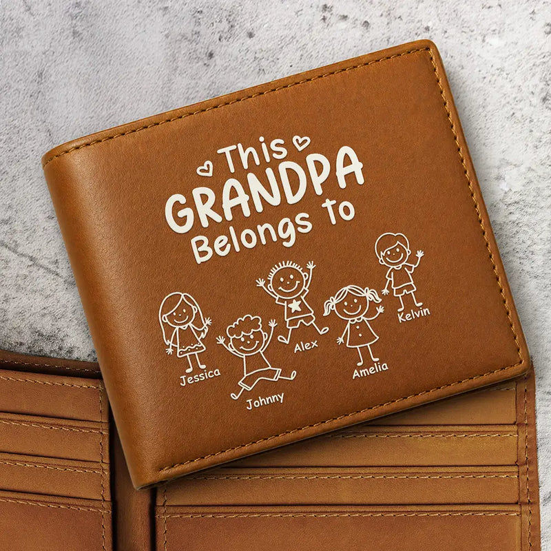 Gift For Grandpa, Gift For Father, Happy, Gift For Men, Stick Figure - This Grandpa Dad Belongs To Kids Pet - Personalized Leather Wallet
