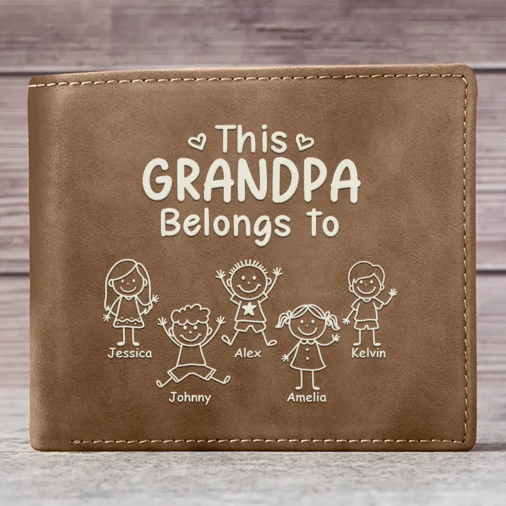 Gift For Grandpa, Gift For Father, Happy, Gift For Men, Stick Figure - This Grandpa Dad Belongs To Kids Pet - Personalized Leather Wallet