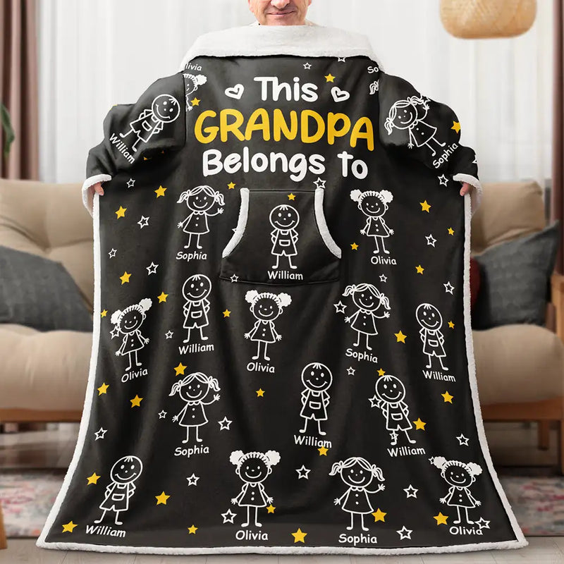 Gift For Grandpa,Gift For Grandma,Gift For Grandparents,Gift For Mother,Gift For Father,Happy - This Grandpa Dad Belongs To Kids Pet - Personalized Wearable Blanket With Sleeves