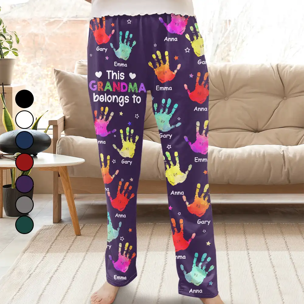 Gift For Grandpa, Gift For Father, Gift For Grandma, Gift For Mother, Happy - This Grandpa Daddy Belongs To Colorful Kid Handprints - Personalized Pajama Pants