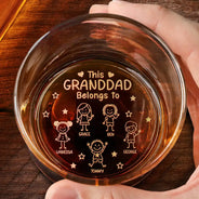 Gift For Grandpa,Gift For Grandma,Gift For Grandparents,Gift For Mother,Gift For Father,Happy,Stick Figure - This Grandpa Daddy Belongs To Kids Pet - Personalized Engraved Whiskey Glass