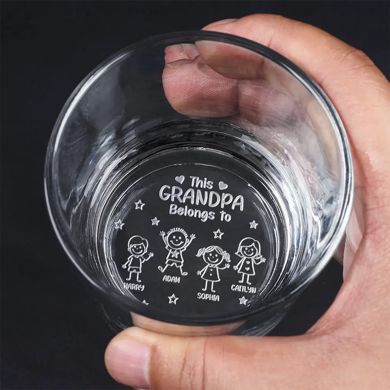Gift For Grandpa,Gift For Grandma,Gift For Grandparents,Gift For Mother,Gift For Father,Happy,Stick Figure - This Grandpa Daddy Belongs To Kids Pet - Personalized Engraved Whiskey Glass