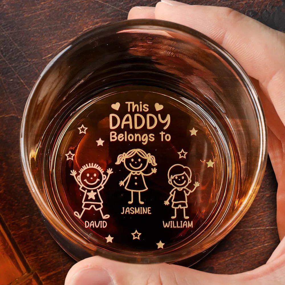 Gift For Grandpa,Gift For Grandma,Gift For Grandparents,Gift For Mother,Gift For Father,Happy,Stick Figure - This Grandpa Daddy Belongs To Kids Pet - Personalized Engraved Whiskey Glass