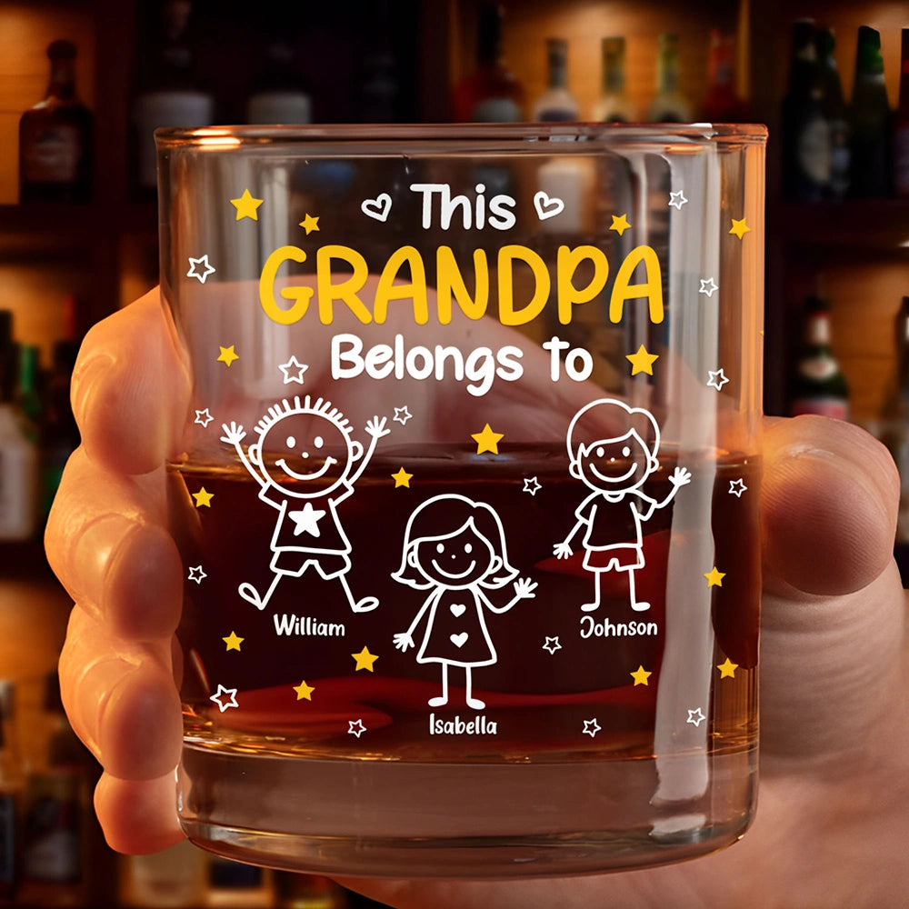 Gift For Grandpa,Gift For Grandma,Gift For Grandparents,Gift For Mother,Gift For Father,Happy,Stick Figure - This Grandpa Daddy Belongs To Kids Pet - Personalized Whiskey Glass
