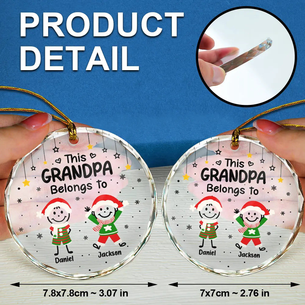 Gift For Grandpa,Gift For Grandma,Gift For Grandparents,Gift For Mother,Gift For Father,Christmas,Happy,Stick Figure - This Grandpa Grandma Belongs To Kids Pet - Personalized Circle Glass Ornament