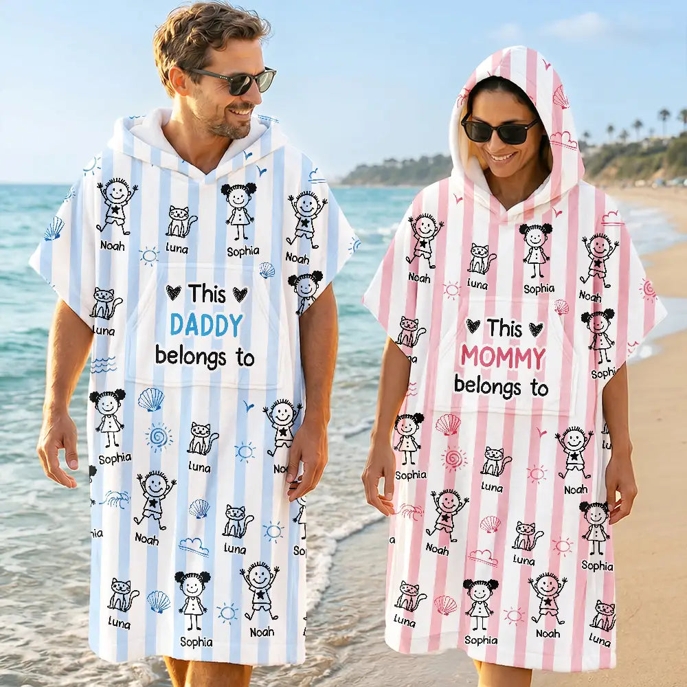 Adorable,Gift For Grandma,Beach,Summer,Icon - This Grandpa Grandma Belongs To Kids Pets - Personalized Hooded Poncho Towel