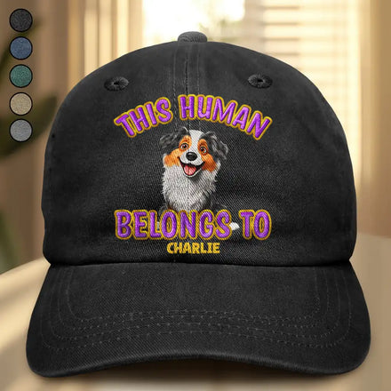 This Human Belongs To Cute Dog - Embroidery Text Effect Printed, Personalized Vintage Washed Denim Cap