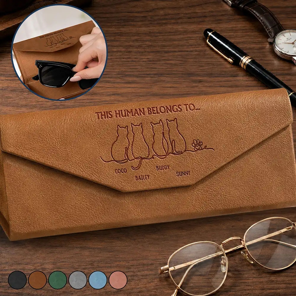 Gift For Men,Gift For Father,Gift For Grandpa,Gift For Husband,Cat Lovers,Cat Dad,Cat Mom,Pet Lovers,Non-Eng,Icon,Playful - This Human Belongs To Dog Cat Mom Dad - Personalized Leather Glasses Case