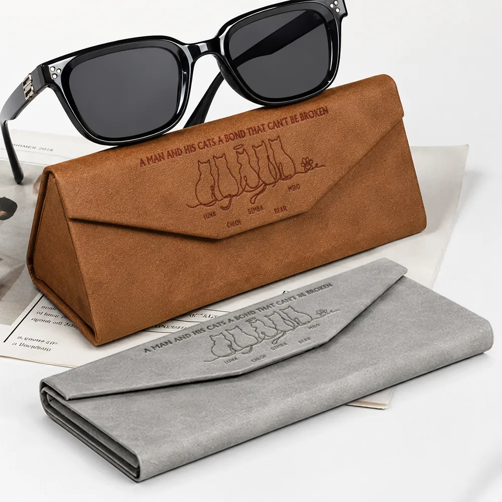 Gift For Men,Gift For Father,Gift For Grandpa,Gift For Husband,Cat Lovers,Cat Dad,Cat Mom,Pet Lovers,Non-Eng,Icon,Playful - This Human Belongs To Dog Cat Mom Dad - Personalized Leather Glasses Case