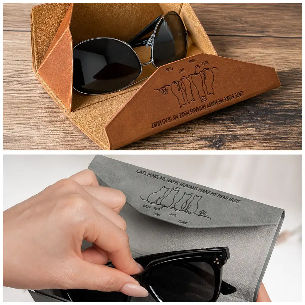 Gift For Men,Gift For Father,Gift For Grandpa,Gift For Husband,Cat Lovers,Cat Dad,Cat Mom,Pet Lovers,Non-Eng,Icon,Playful - This Human Belongs To Dog Cat Mom Dad - Personalized Leather Glasses Case