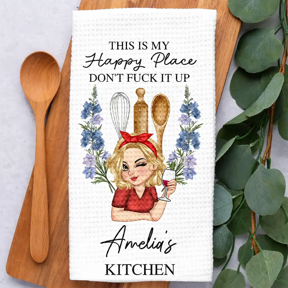 Humorous,Gift For Yourself,Cooking,Gift For Women,Vector - This Is My Happy Place Birth Flower Mom Grandma Kitchen - Personalized Kitchen Towel
