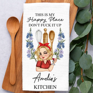 Humorous,Gift For Yourself,Cooking,Gift For Women,Vector - This Is My Happy Place Birth Flower Mom Grandma Kitchen - Personalized Kitchen Towel