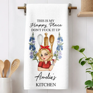 Humorous,Gift For Yourself,Cooking,Gift For Women,Vector - This Is My Happy Place Birth Flower Mom Grandma Kitchen - Personalized Kitchen Towel