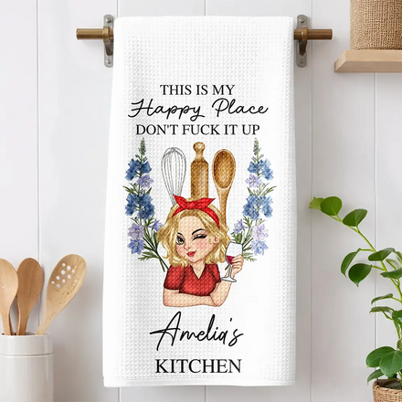 This Is My Happy Place Birth Flower Mom Grandma Kitchen - Personalized Kitchen Towel