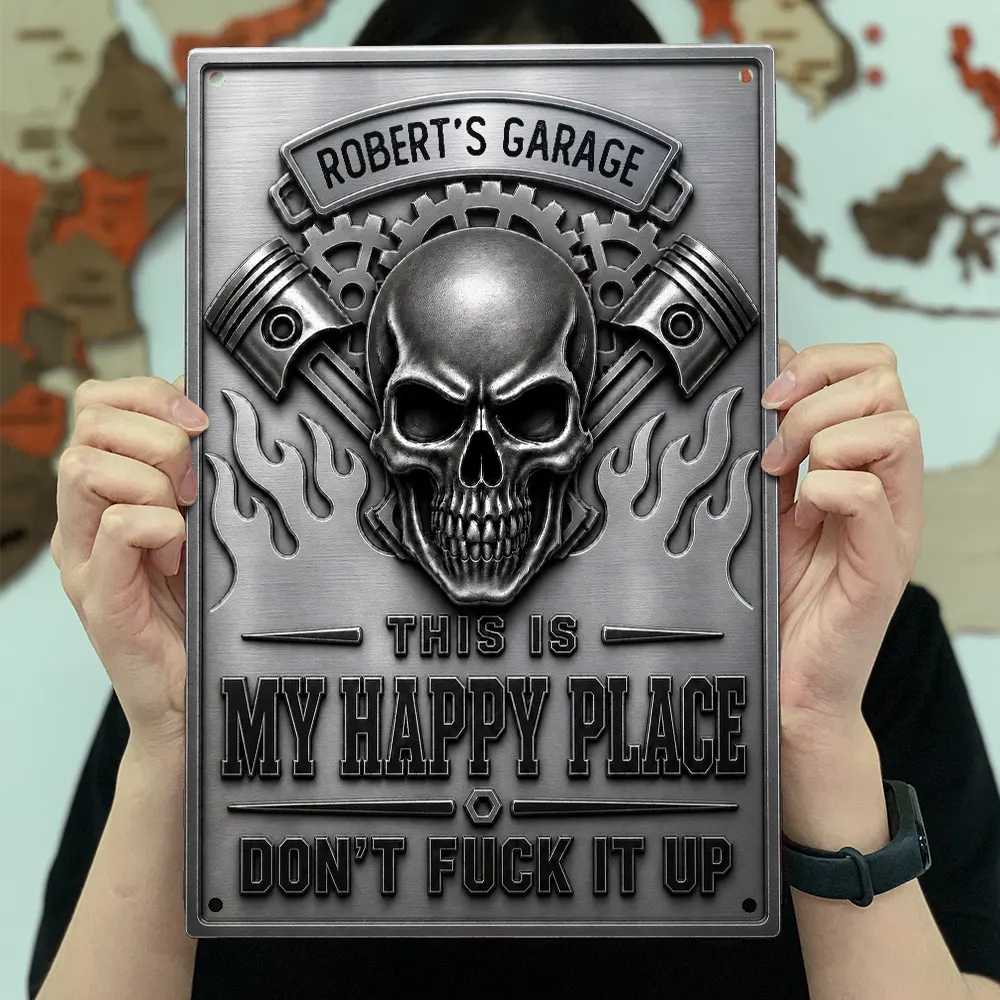 Humorous,Gift For Men,Gift For Yourself,Garage,Outdoor Decor,Custom Text - This Is My Happy Place Garage - Personalized Classic Metal Signs