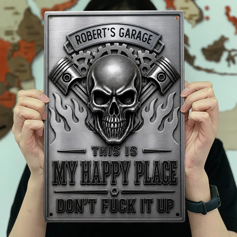 Humorous,Gift For Men,Gift For Yourself,Garage,Outdoor Decor,Custom Text - This Is My Happy Place Garage - Personalized Classic Metal Signs