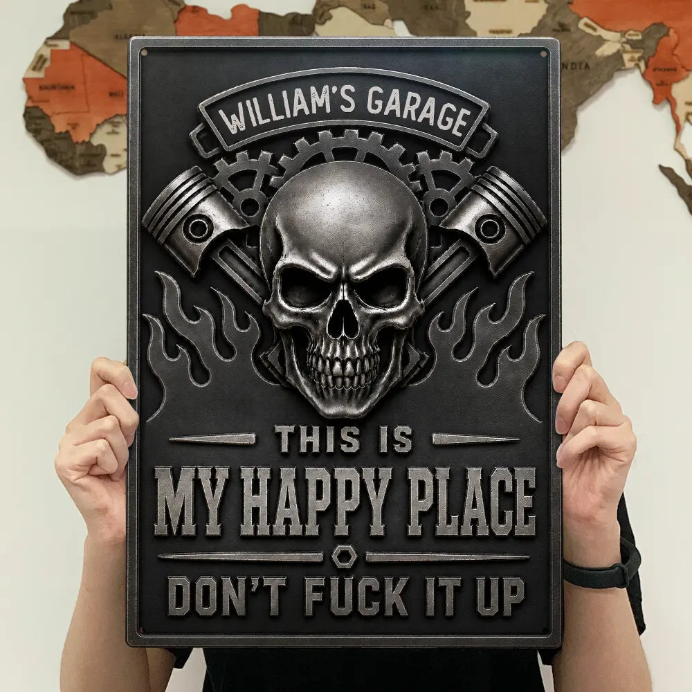 Humorous,Gift For Men,Gift For Yourself,Garage,Outdoor Decor,Custom Text - This Is My Happy Place Garage - Personalized Classic Metal Signs